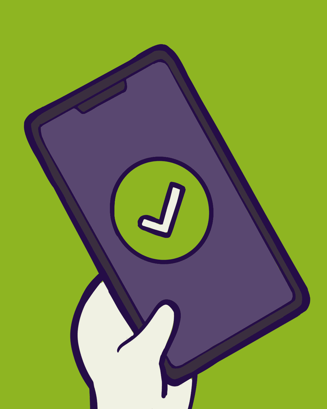 Illustration of a hand holding a phone with a green attendance confirmation checkmark