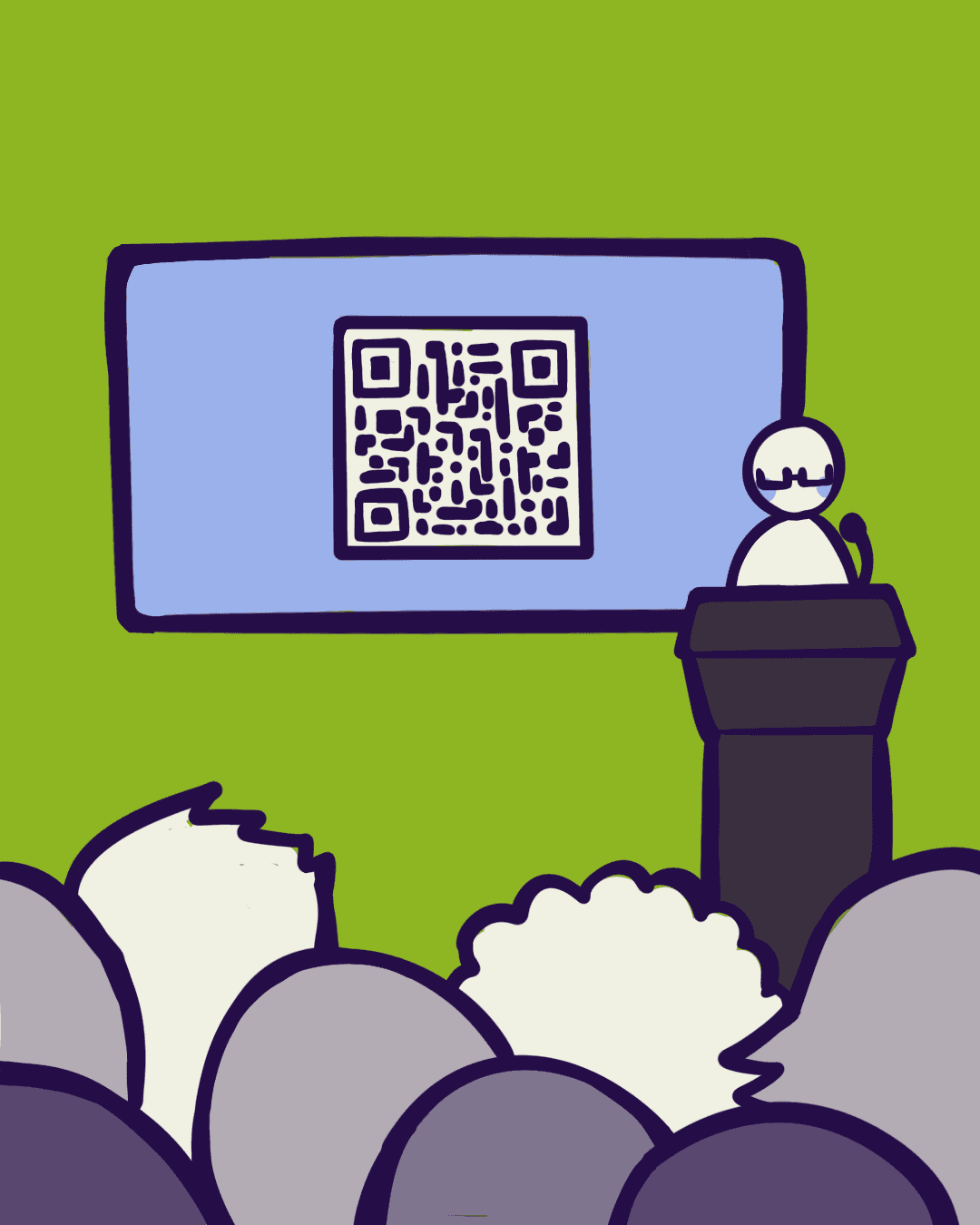 Illustration of a QR code displayed on a classroom screen with a presenter