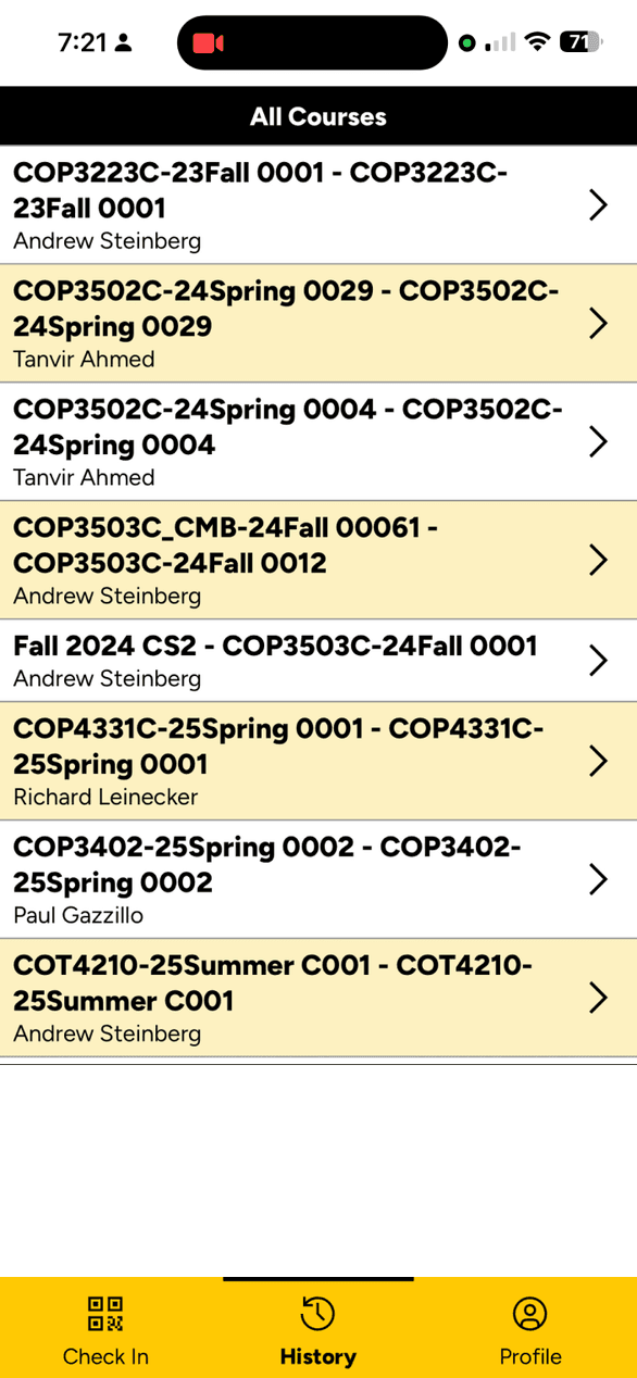 UCFHere attendance history showing the course list