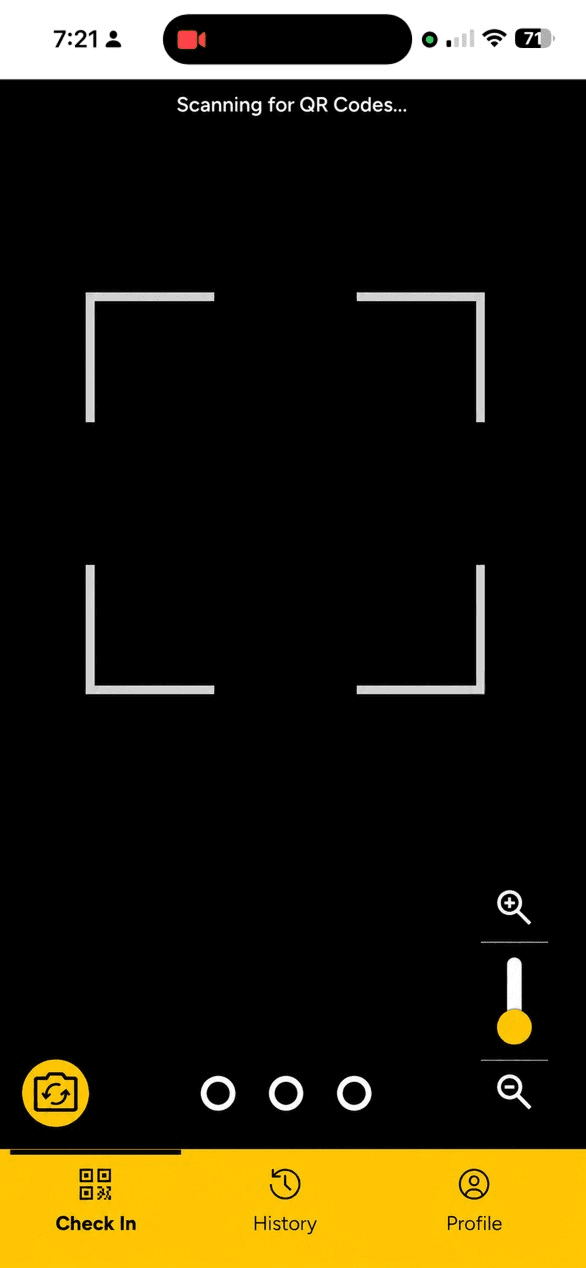 UCFHere scanner with a black camera preview