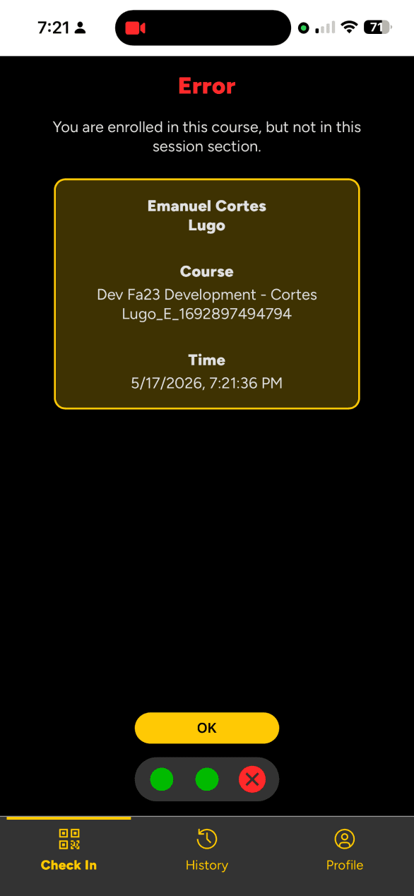 UCFHere session enrollment error, dimmed and crossed out
